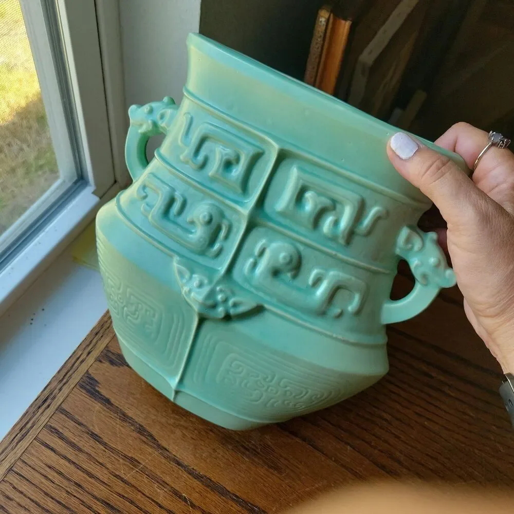 Vtg Studio Art Pottery Urn Vase Dragon Handled Mayan Motif Signed Meryl RARE MCM